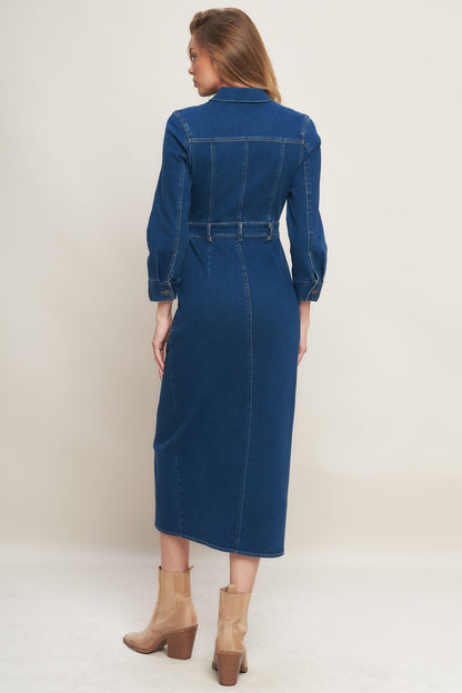 MIDNIGHT DARK INDIGO DENIM MIDI DRESS