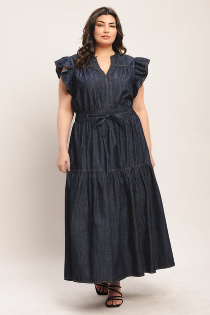 POWER DENIM GODDESS DARK INDIGO MIDI DRESS