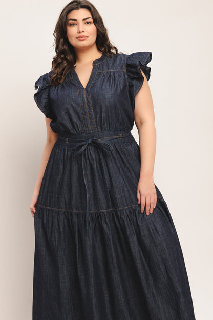 POWER DENIM GODDESS DARK INDIGO MIDI DRESS