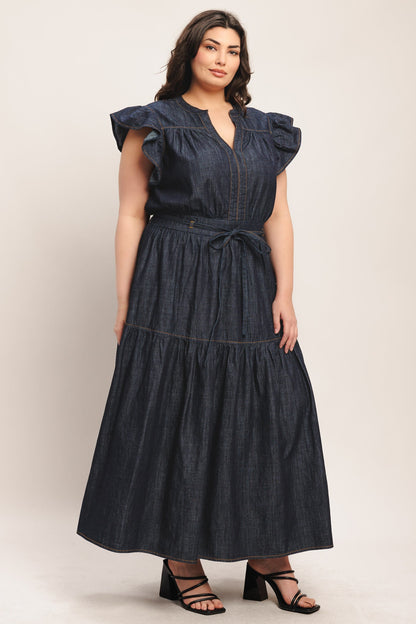 POWER DENIM GODDESS DARK INDIGO MIDI DRESS