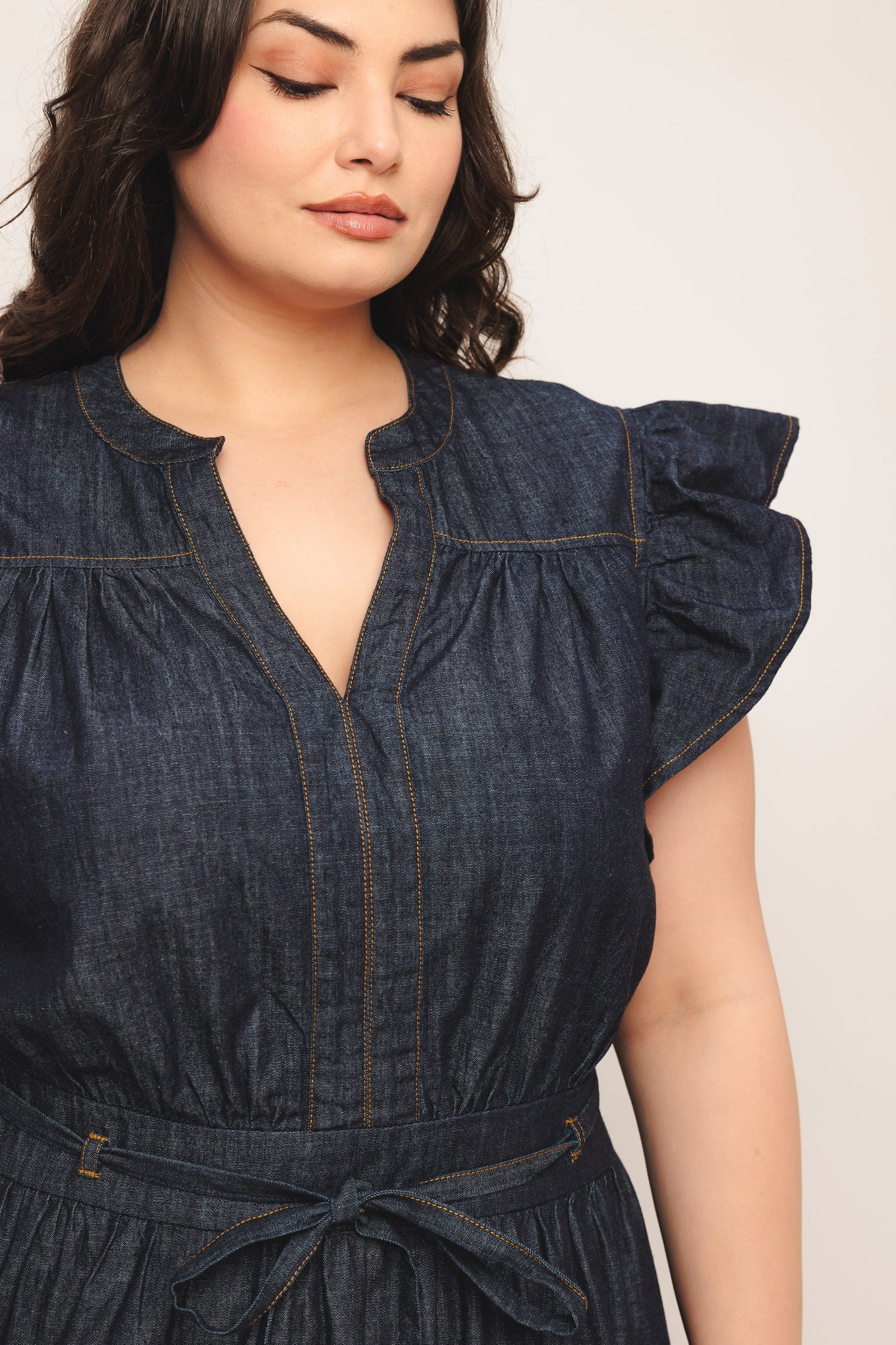 POWER DENIM GODDESS DARK INDIGO MIDI DRESS