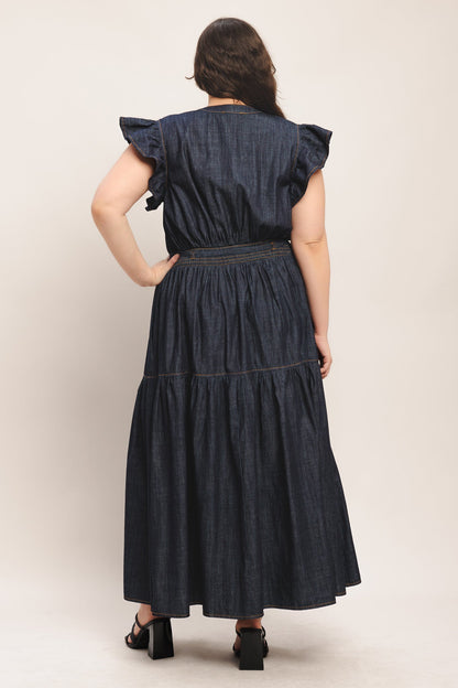 POWER DENIM GODDESS DARK INDIGO MIDI DRESS