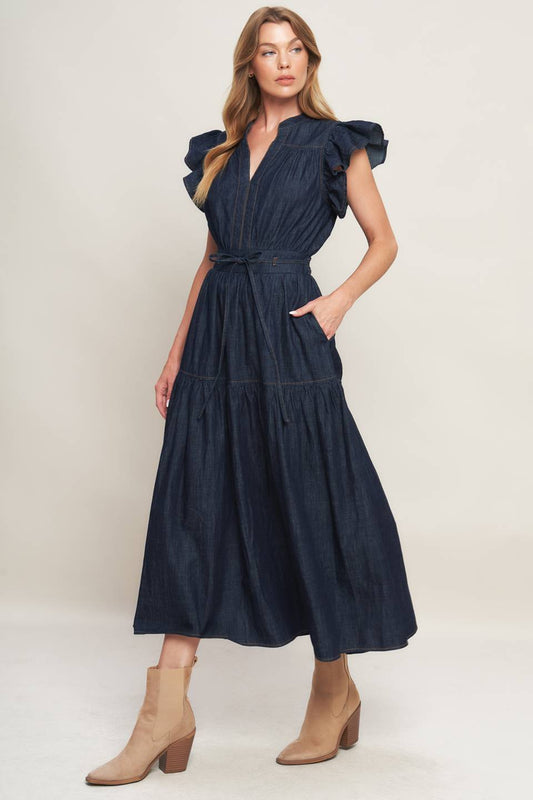 POWER DENIM GODDESS DARK INDIGO MIDI DRESS
