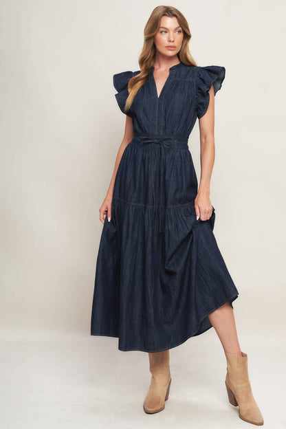 POWER DENIM GODDESS DARK INDIGO MIDI DRESS