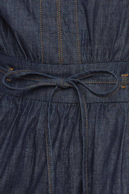 POWER DENIM GODDESS DARK INDIGO MIDI DRESS