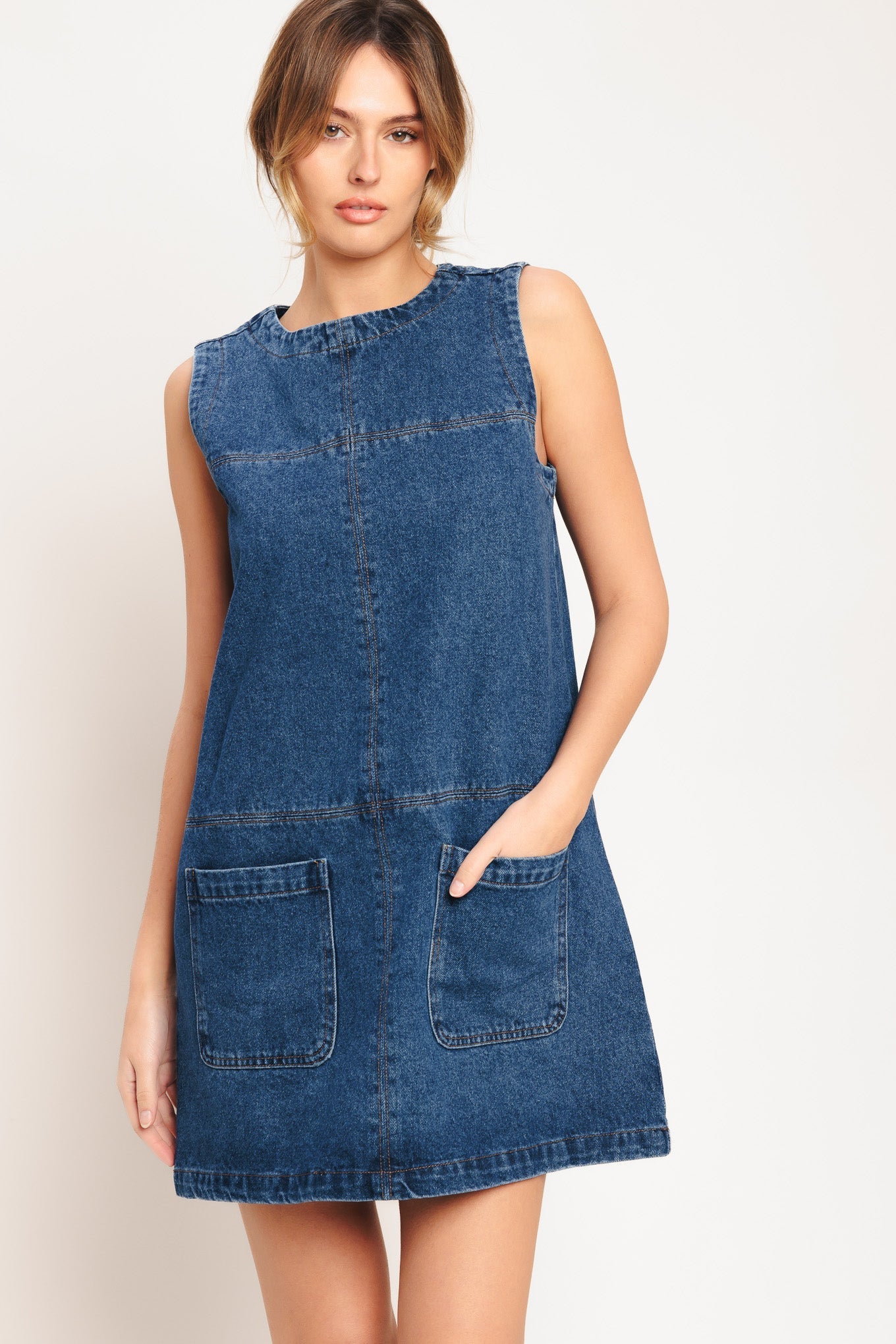 denim sleeveless shift dress Sleeveless V Neck Denim Shift Dress - SMALL / BLUE