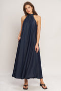 MIDNIGHT FLOW WOVEN MIDI HALTER DRESS