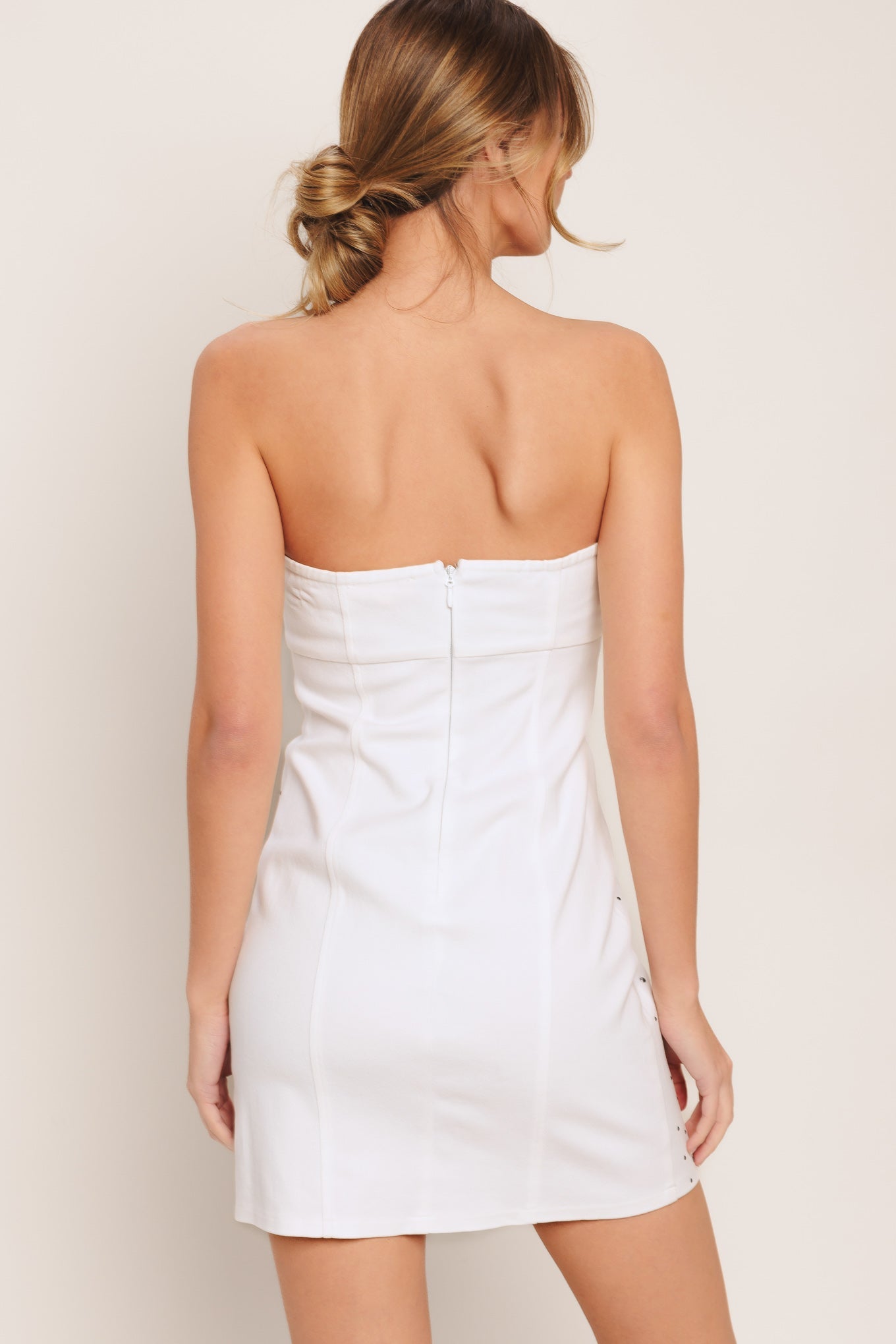 White Denim Strapless Mini Dress | Stud Embellishment | Sol-Mere Collective White Denim Strapless Mini Dress | Stud Embellishment | Sol-Mere Collective