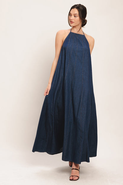 QUIET STATEMENT DENIM MIDI DRESS