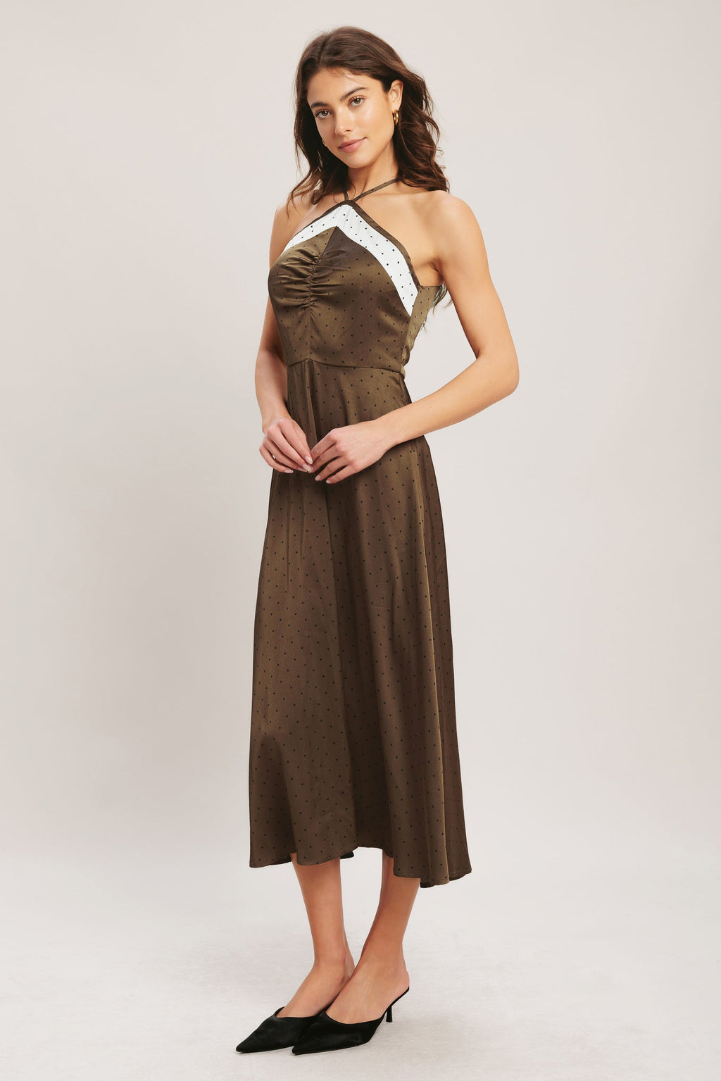 ESPRESSO CHIC WOVEN SATIN MIDI DRESS
