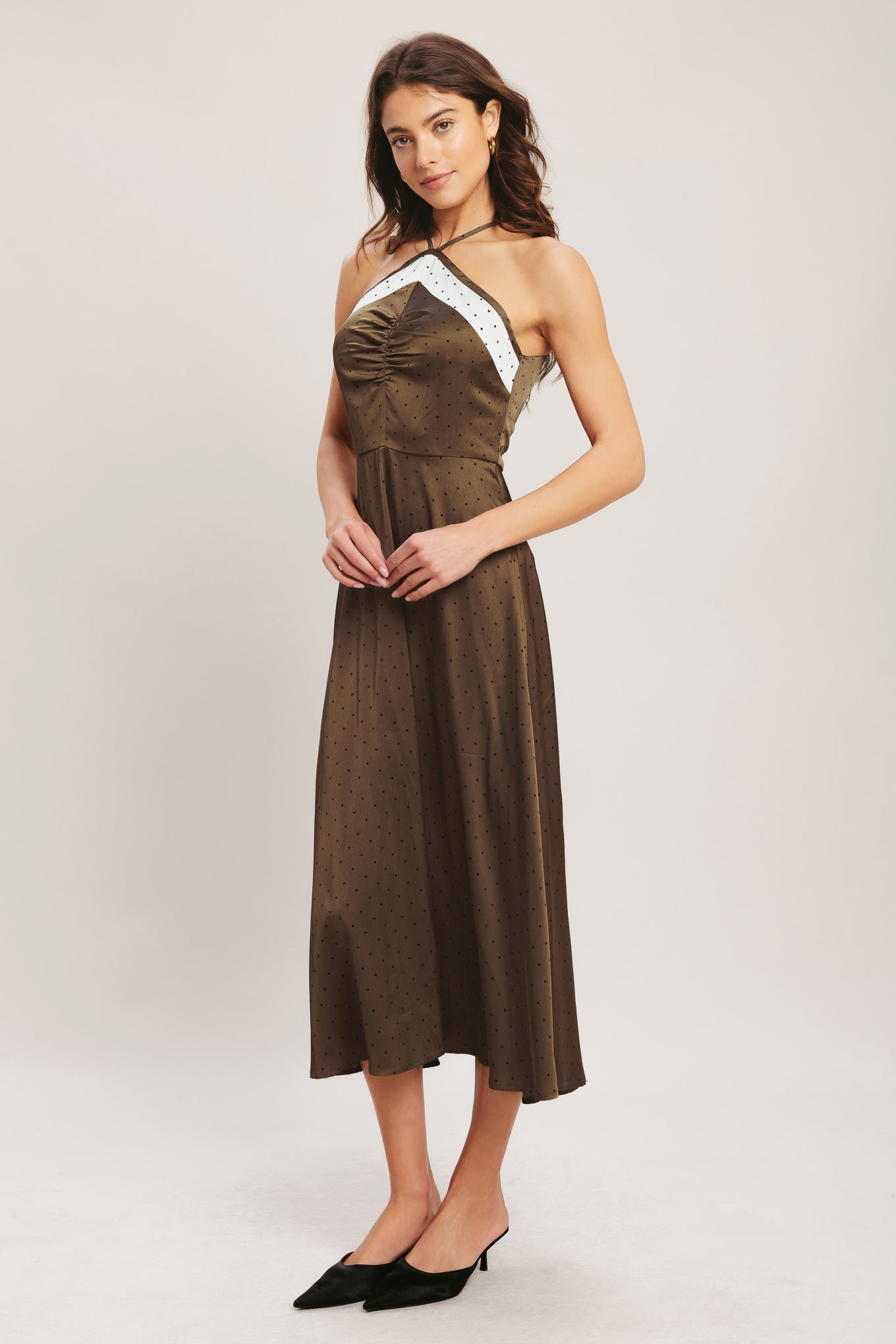 ESPRESSO CHIC WOVEN SATIN MIDI DRESS