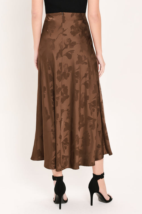 CHOCOLATE FLORAL WOVEN JACQUARD MIDI SKIRT