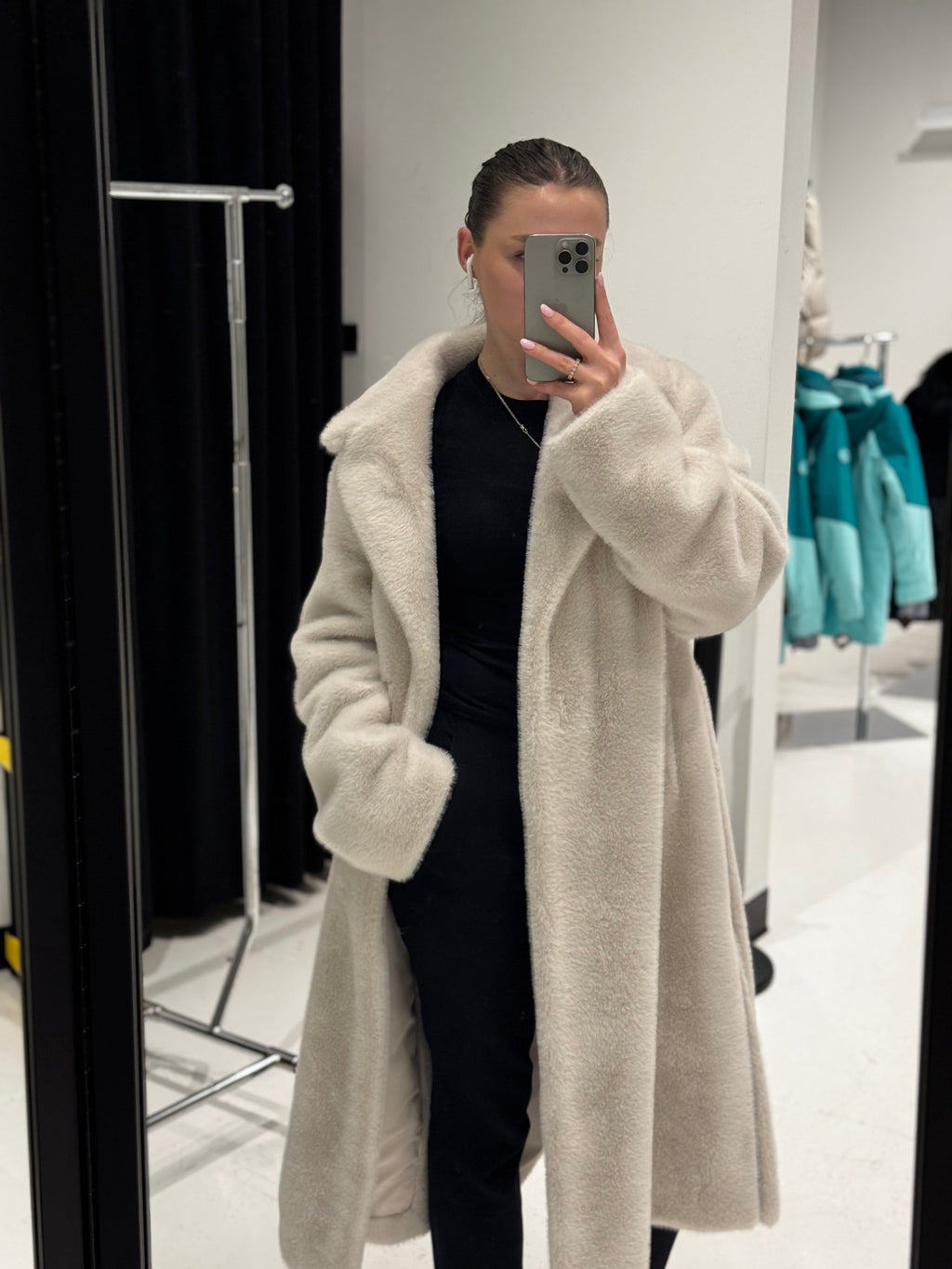 Faux Mink Effect Fur Coat in Ivory