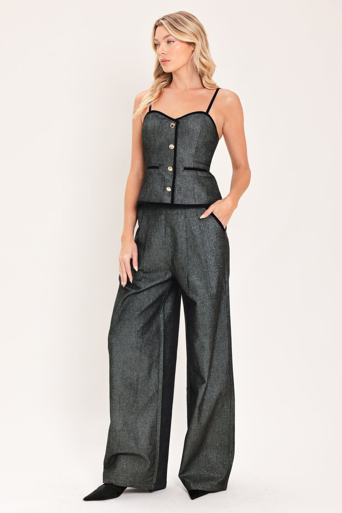 METALLIC HOURGLASS WIDE LEG PANTS