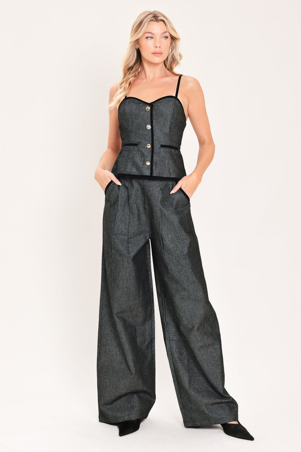 METALLIC HOURGLASS WIDE LEG PANTS