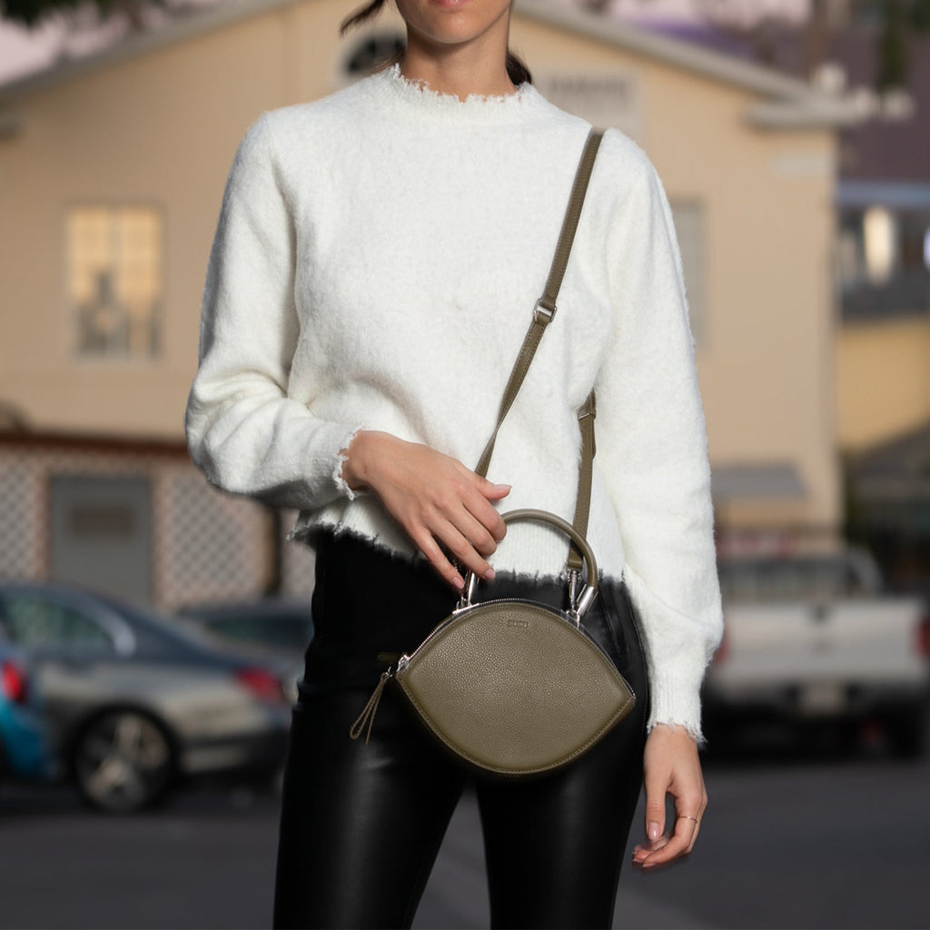 The Kiss Circle Shape Leather Crossbody Bag Olive Green