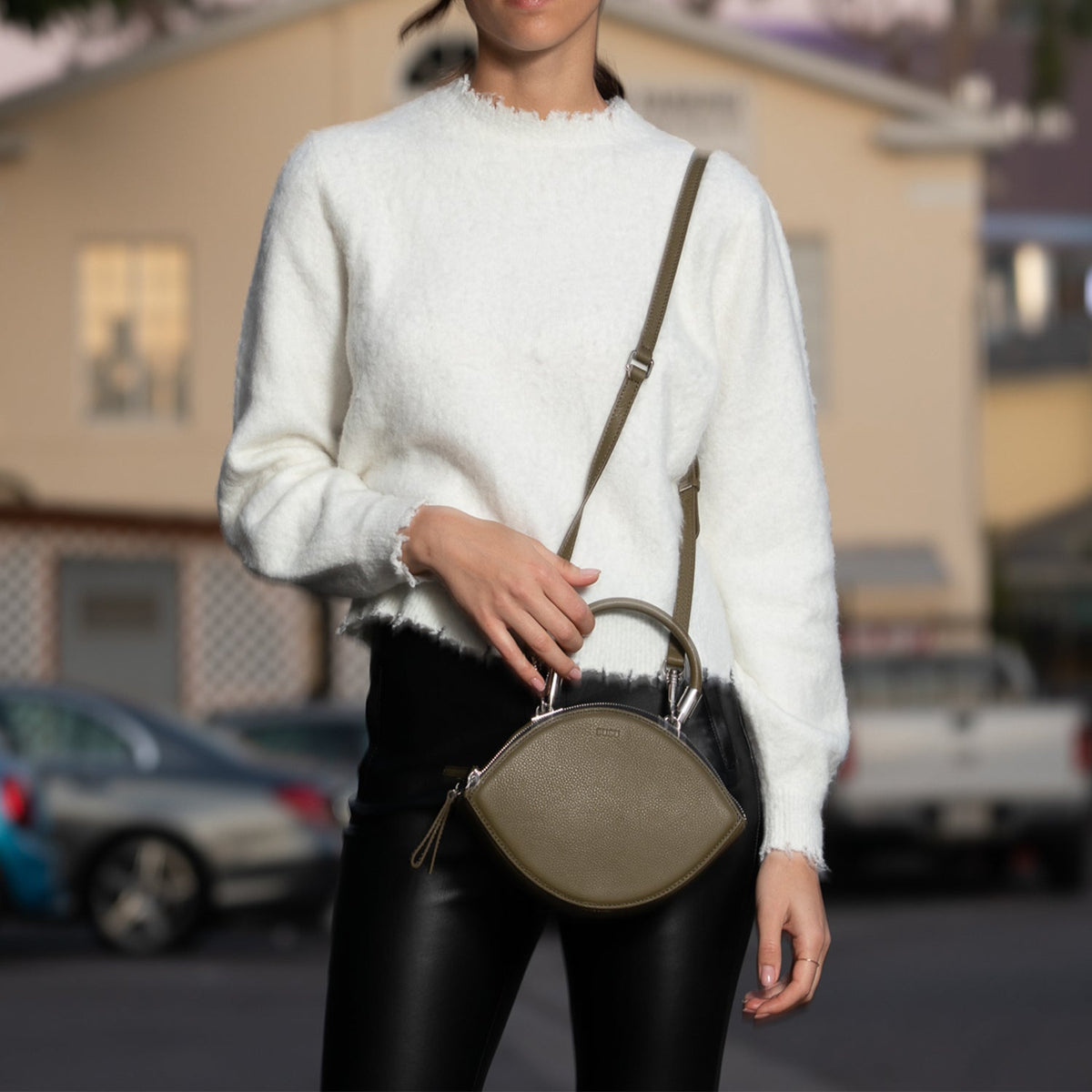 The Kiss Circle Shape Leather Crossbody Bag Olive Green