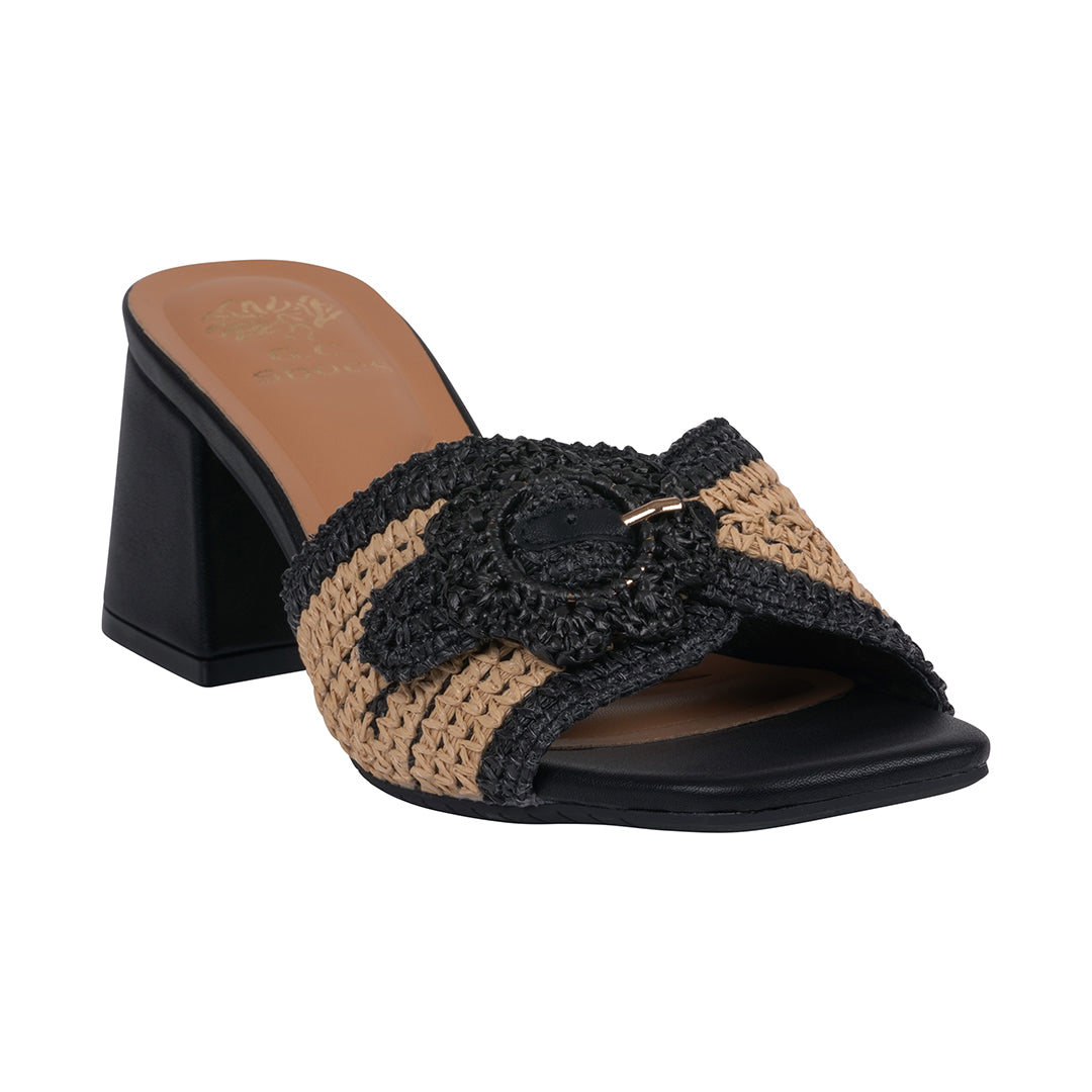 WOMEN'S LIZA BLACK WOVEN HEELED SANDALS