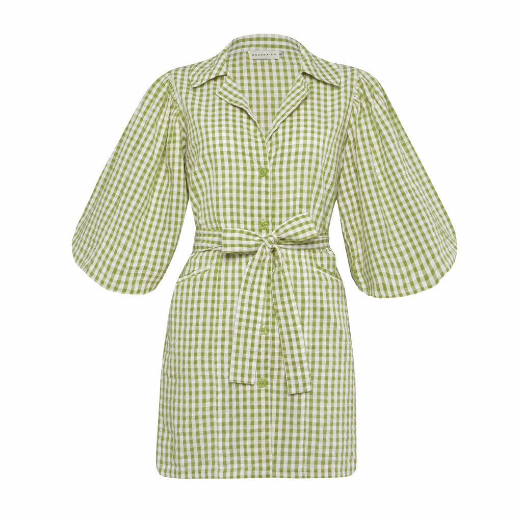 THE MEGHAN GINGHAM MINI DRESS IN OLIVE GREEN