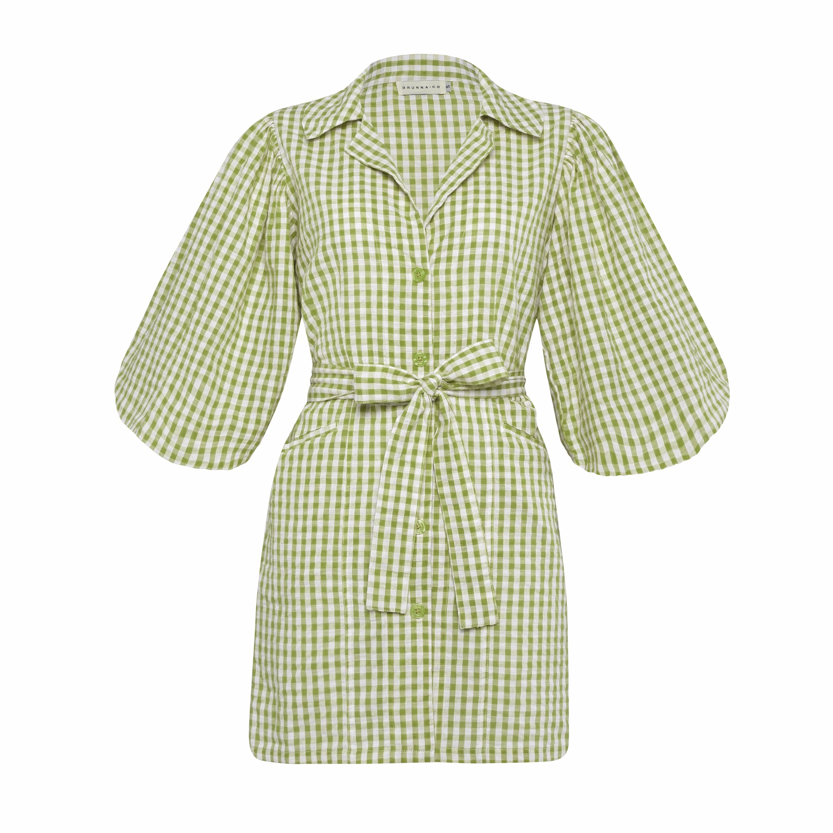 THE MEGHAN GINGHAM MINI DRESS IN OLIVE GREEN