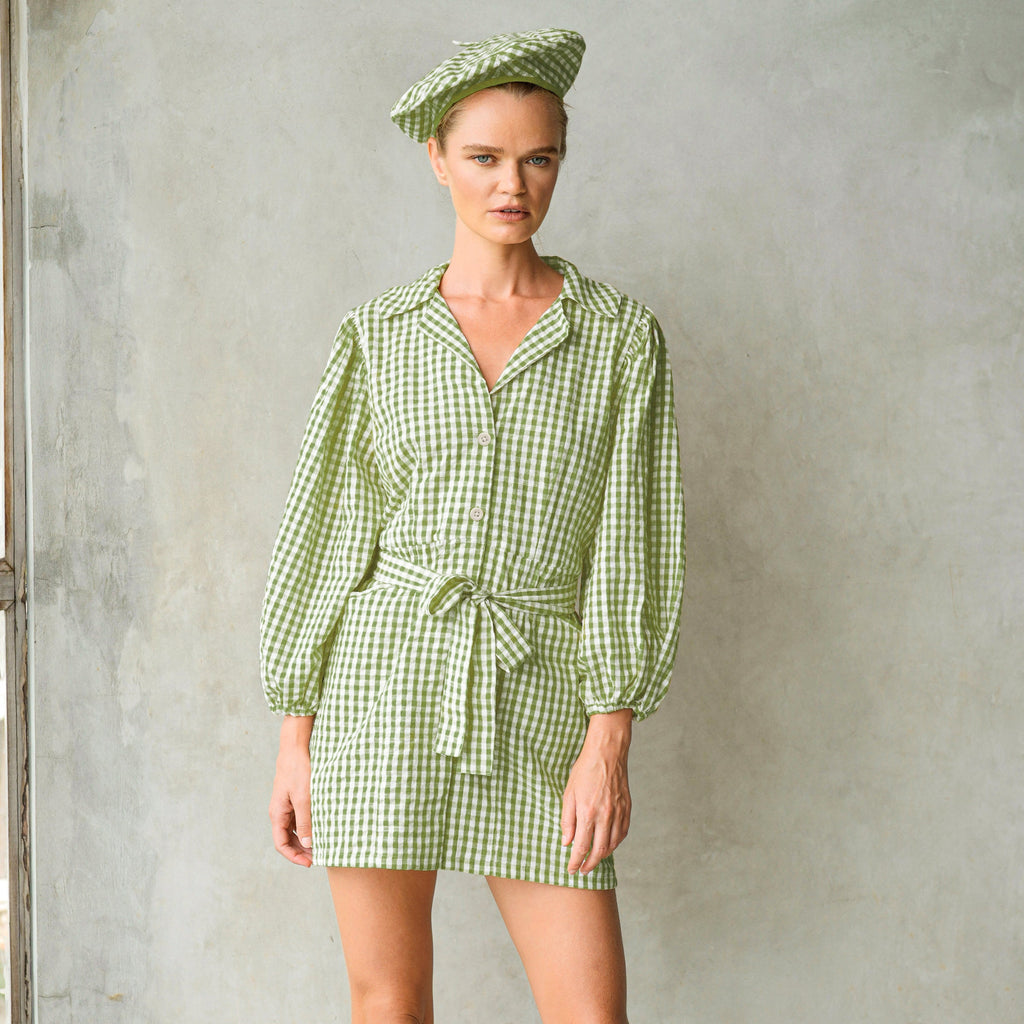 THE MEGHAN GINGHAM MINI DRESS IN OLIVE GREEN