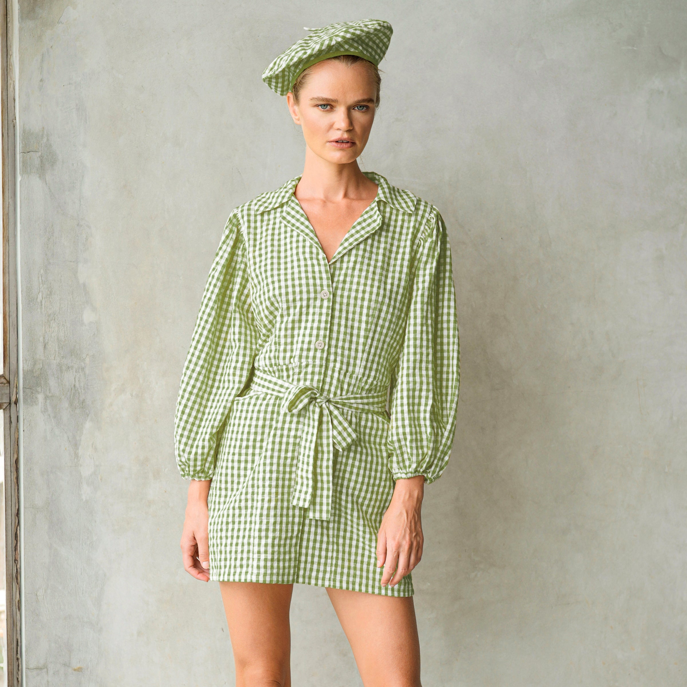 THE MEGHAN GINGHAM MINI DRESS IN OLIVE GREEN