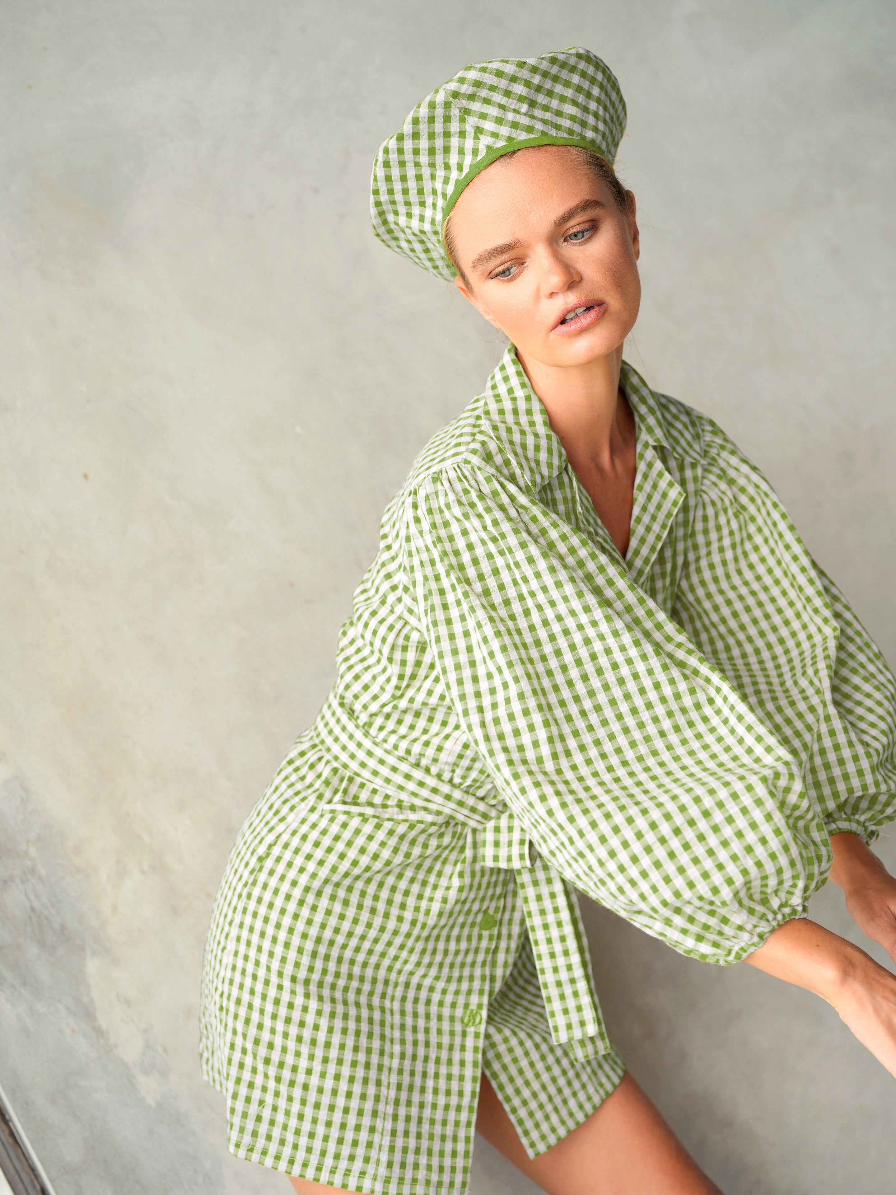 THE MEGHAN GINGHAM MINI DRESS IN OLIVE GREEN