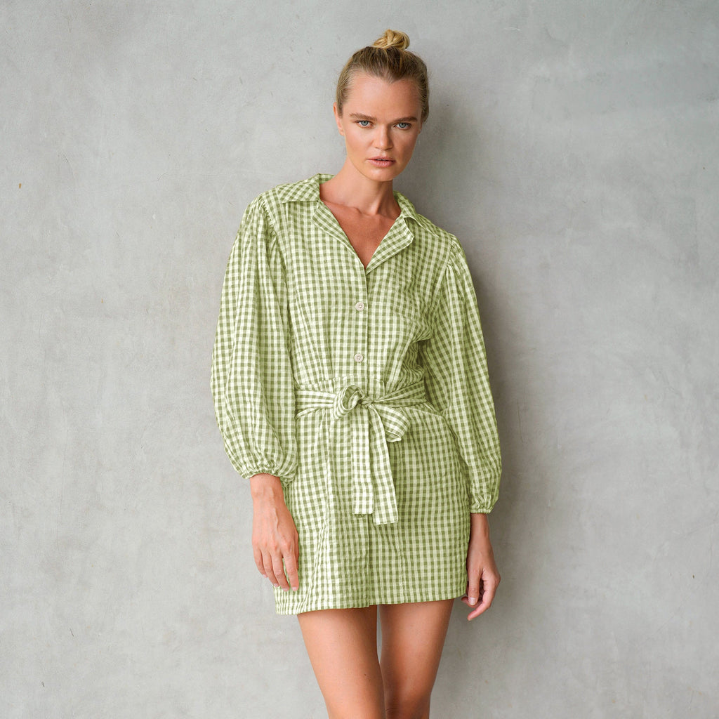 THE MEGHAN GINGHAM MINI DRESS IN OLIVE GREEN