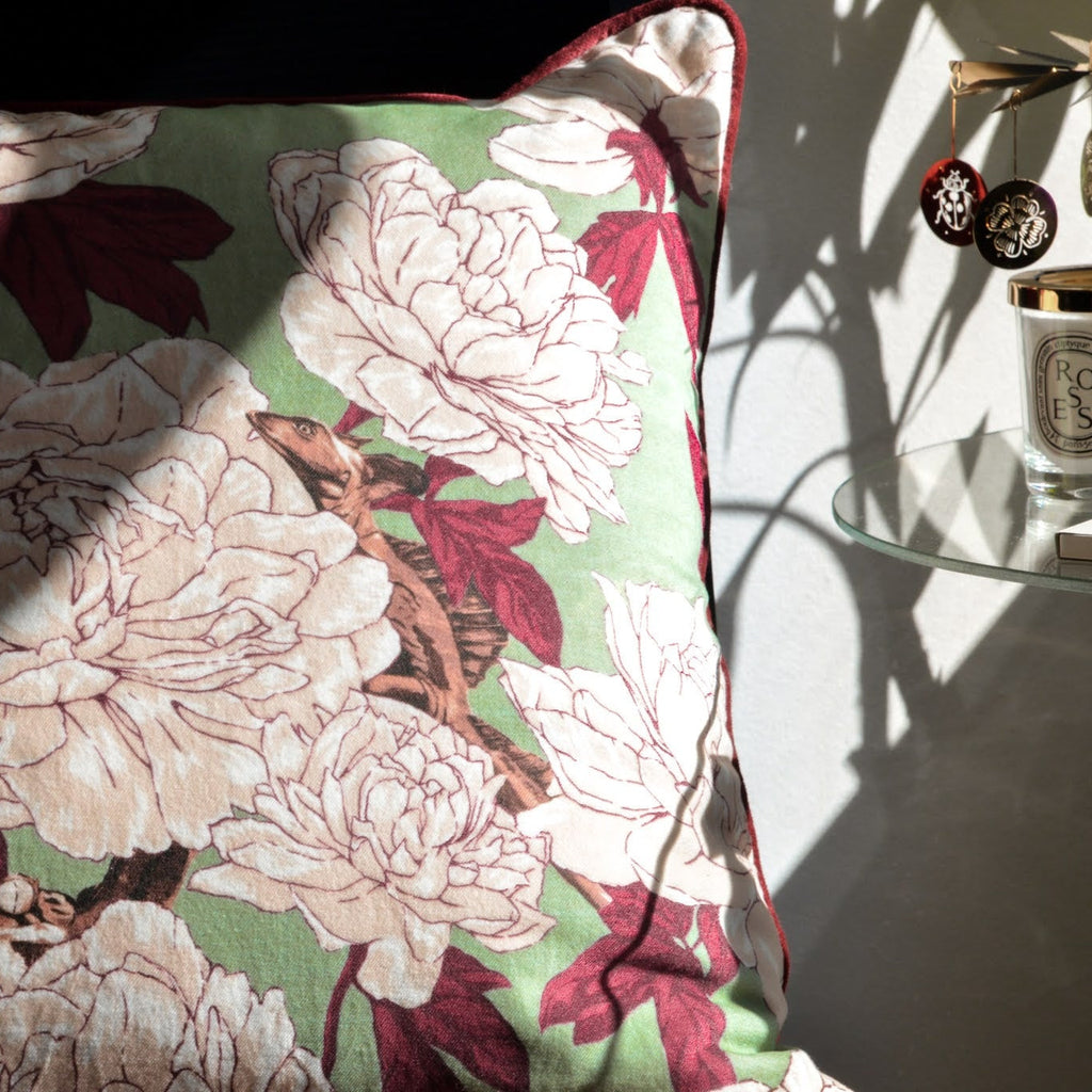 Lizards and Peonies Cushion - Green