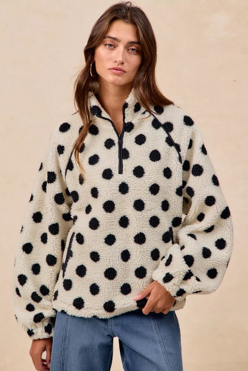 Polka Dot Sherpa Half Zip Up Top with Side Pockets
