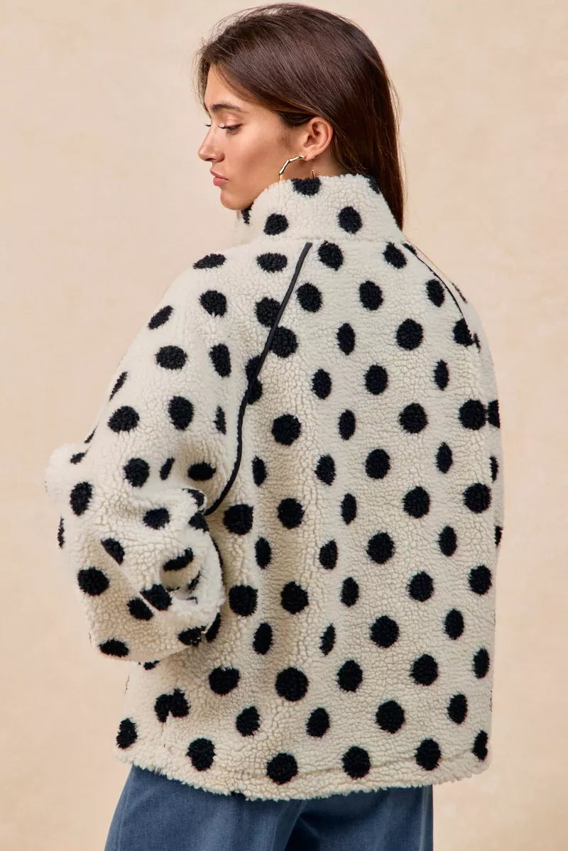 Polka Dot Sherpa Half Zip Up Top with Side Pockets