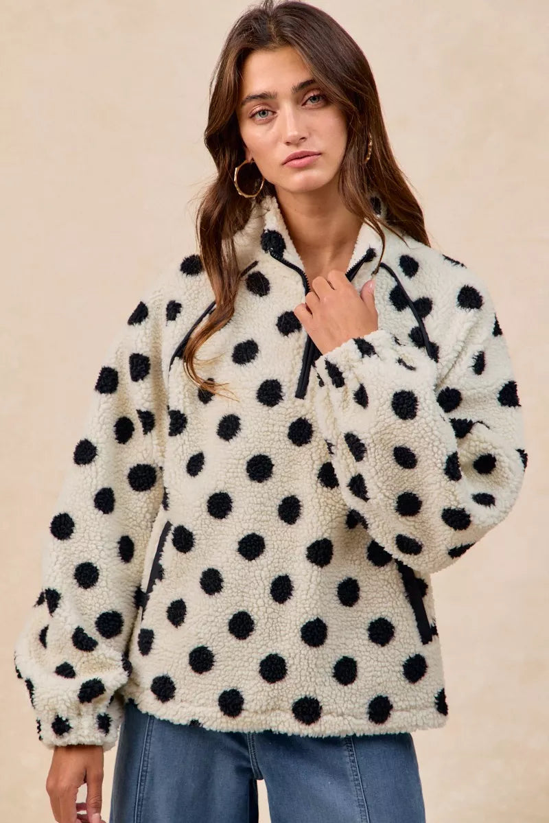 Polka Dot Sherpa Half Zip Up Top with Side Pockets