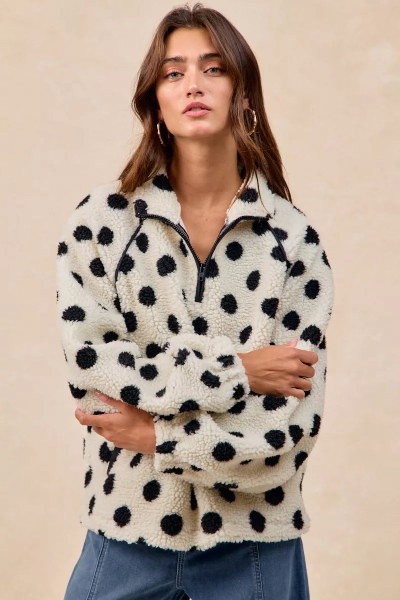 Polka Dot Sherpa Half Zip Up Top with Side Pockets