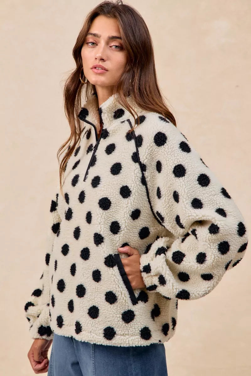 Polka Dot Sherpa Half Zip Up Top with Side Pockets