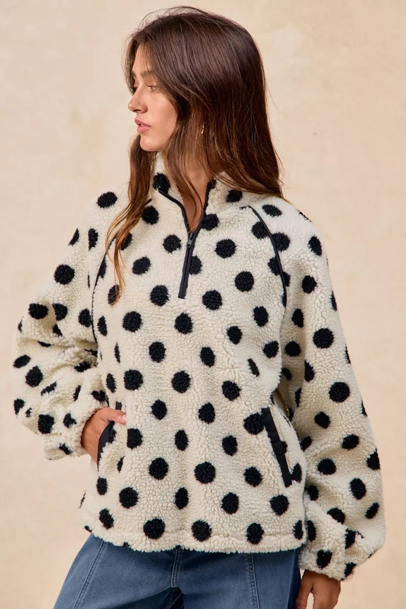 Polka Dot Sherpa Half Zip Up Top with Side Pockets