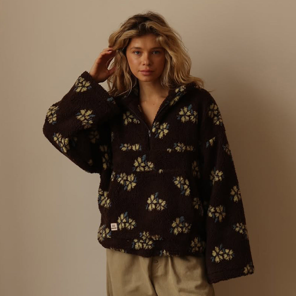 Winter Flowers Cozy Zip-Up Pocket Pullover