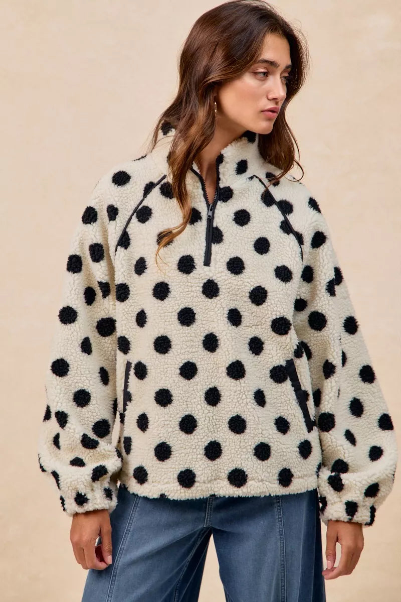 Polka Dot Sherpa Half Zip Up Top with Side Pockets