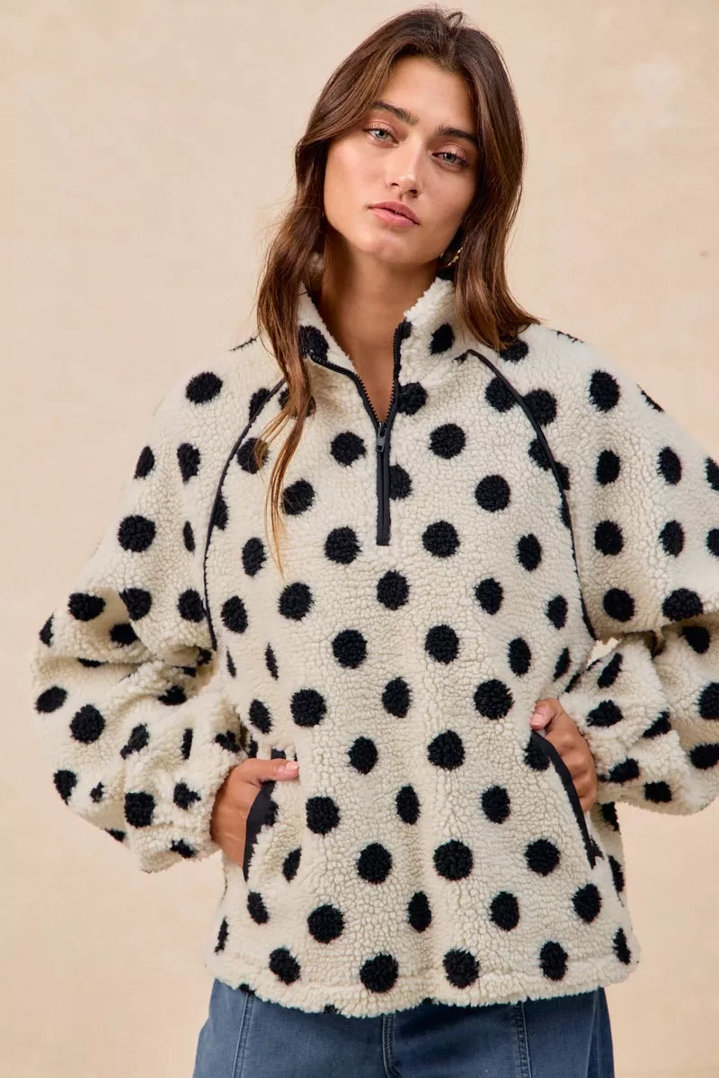 Polka Dot Sherpa Half Zip Up Top with Side Pockets