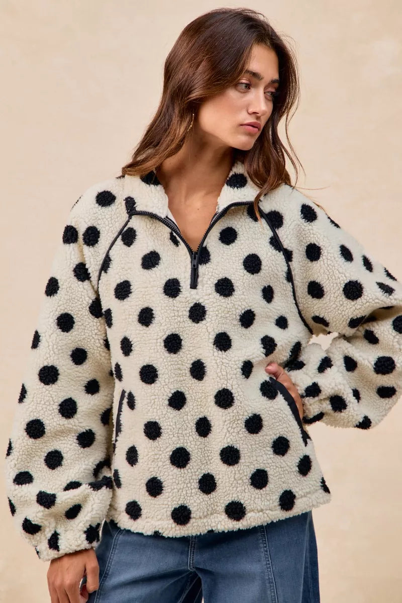 Polka Dot Sherpa Half Zip Up Top with Side Pockets