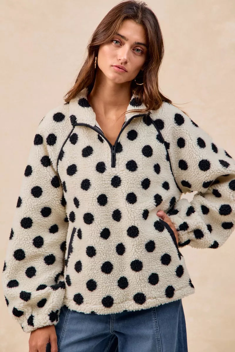 Polka Dot Sherpa Half Zip Up Top with Side Pockets